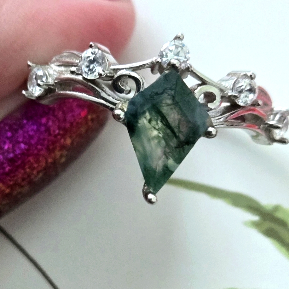 Genuine Moss Agate and CZ Ring in Sterling Silver - Free Size - See Notes